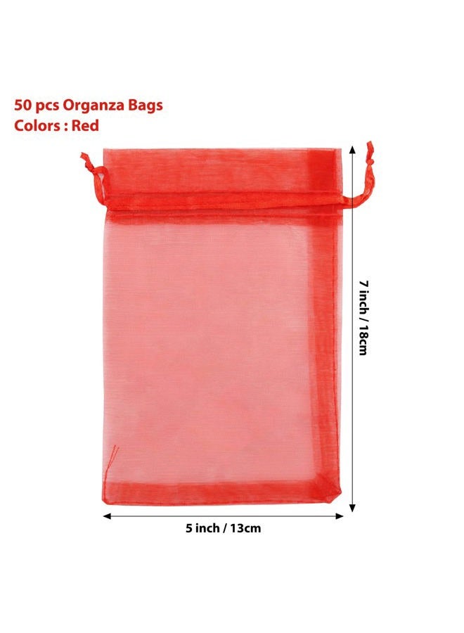 ANZNKU 50PCS Premium Red Organza Bags 5x7 inches Mesh Bags Drawstring, Small Gift Bag for Birthday Party Wedding Favors, Sheer Mesh Pouches Drawstring for Easter Gifts - Image 2