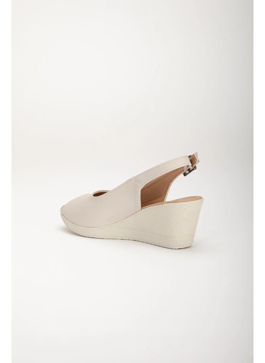 Dilimler Ayakkabı Slices Shoe Filling Sole Toe and Back Open Orthopedic Artificial Leather Beige Women's Wedge Heel Shoes