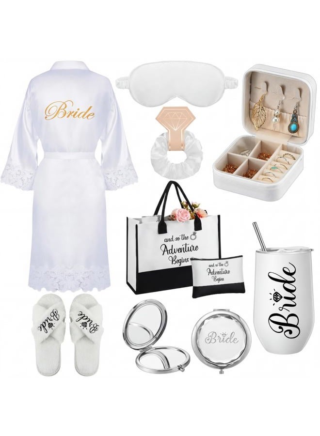 JaGely 9 Pcs Bride Gifts Set Bride Shower Bachelorette Gifts with Wine Tumbler Robe Bag Eyemask Scrunchie Jewelry Box, White, and So the Adventure Begins - Image 1