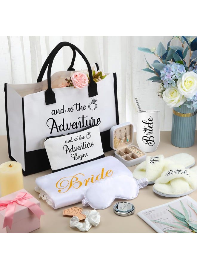 JaGely 9 Pcs Bride Gifts Set Bride Shower Bachelorette Gifts with Wine Tumbler Robe Bag Eyemask Scrunchie Jewelry Box, White, and So the Adventure Begins - Image 5