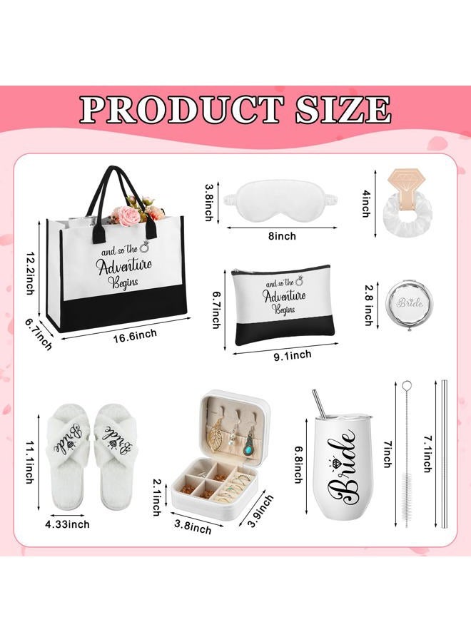 JaGely 9 Pcs Bride Gifts Set Bride Shower Bachelorette Gifts with Wine Tumbler Robe Bag Eyemask Scrunchie Jewelry Box, White, and So the Adventure Begins - Image 3