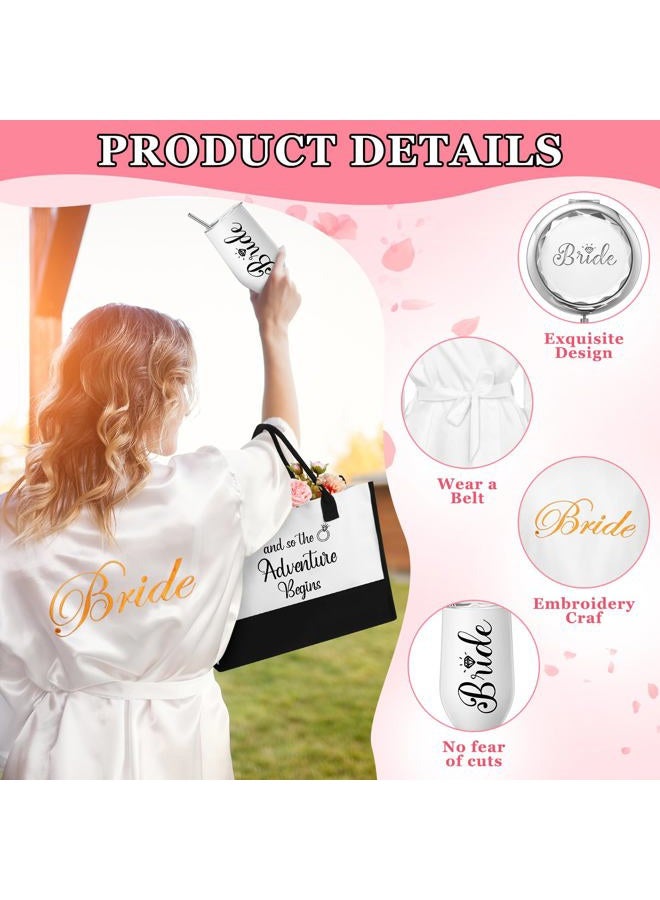 JaGely 9 Pcs Bride Gifts Set Bride Shower Bachelorette Gifts with Wine Tumbler Robe Bag Eyemask Scrunchie Jewelry Box, White, and So the Adventure Begins - Image 4