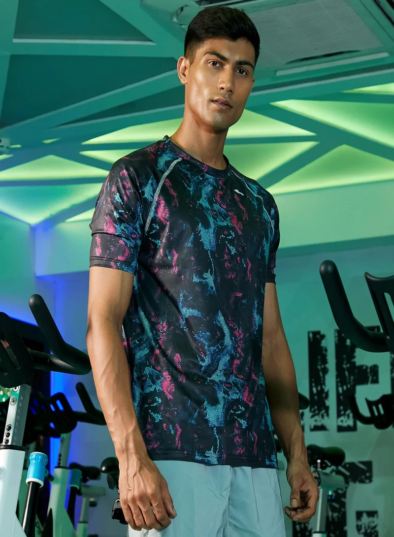 Campus Sutra CS Life Men's Midnight Black Abstract Activewear T-Shirt For Casual Wear | Crew Neck | Short Sleeve | Anti-Odor | Dri-Fit | Jersey T-Shirt Crafted With Comfort Fit & High-Performance