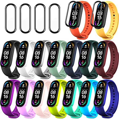 BANGTING 20 Pieces Strap Replacement Compatible with Xiaomi Mi Band 6 / Amazfit Band 5, Bracelet Wristbands Silicone for Mi Fit 5 Straps (16 Colors + 4 Screen Protector) - Image 1