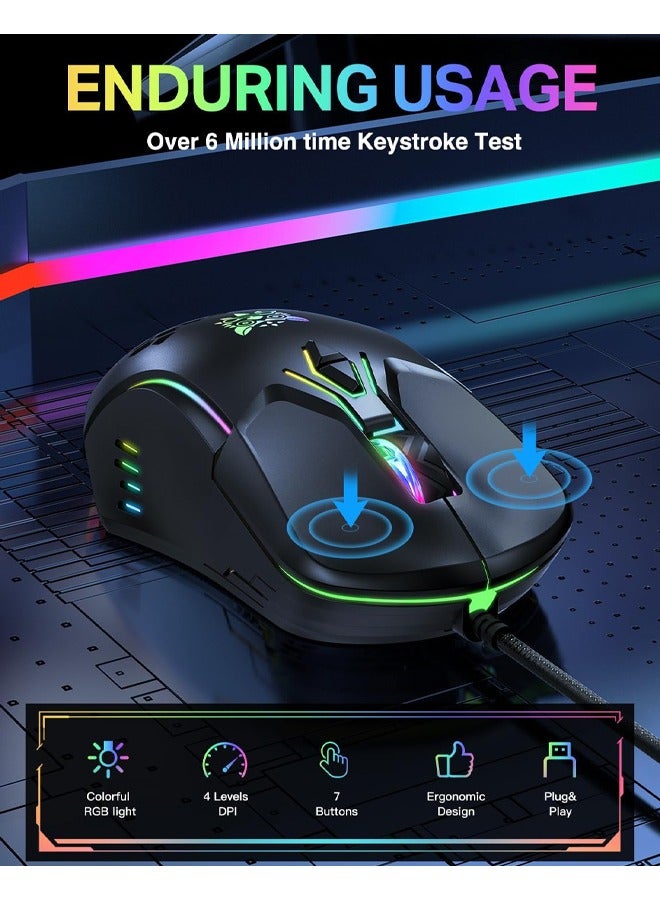 onikuma Gaming Mouse, Wired PC Entry Level Mice with RGB Backlit and Adjustable DPI, Ergonomic Office Laptop Mouse, Computer Gamer Mouse with 7 Responsive Buttons for Windows/Mac/Linux/Chrome - Image 2