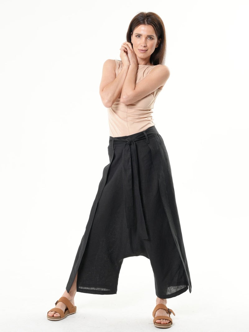 Metamorphoza Linen Drop-Crotch Pants In Black - Image 1