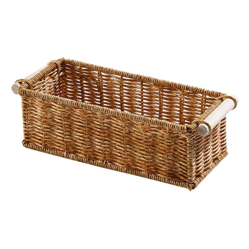 Baoblaze Imitation Rattan Basket Handmade Woven Storage Baskets Imitation Wicker Basket with Wooden Handle Rectangular Narrow Woven Baskets for Kitchen Shelves Bedroom Bedroom Wardrobe L