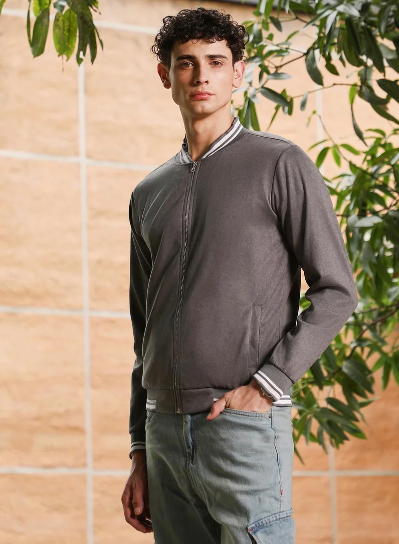 Campus Sutra Campus Sutra Men's Moon Grey Zip-Front Suede Bomber Jacket | Tipping Baseball Collar , Tipping Cuff Sleeves , Zipper Closure , Tipping-Straight Hem | Solid Textured For Casual & Daily Wear