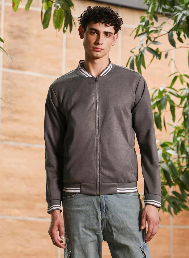 Campus Sutra Campus Sutra Men's Moon Grey Zip-Front Suede Bomber Jacket | Tipping Baseball Collar , Tipping Cuff Sleeves , Zipper Closure , Tipping-Straight Hem | Solid Textured For Casual & Daily Wear