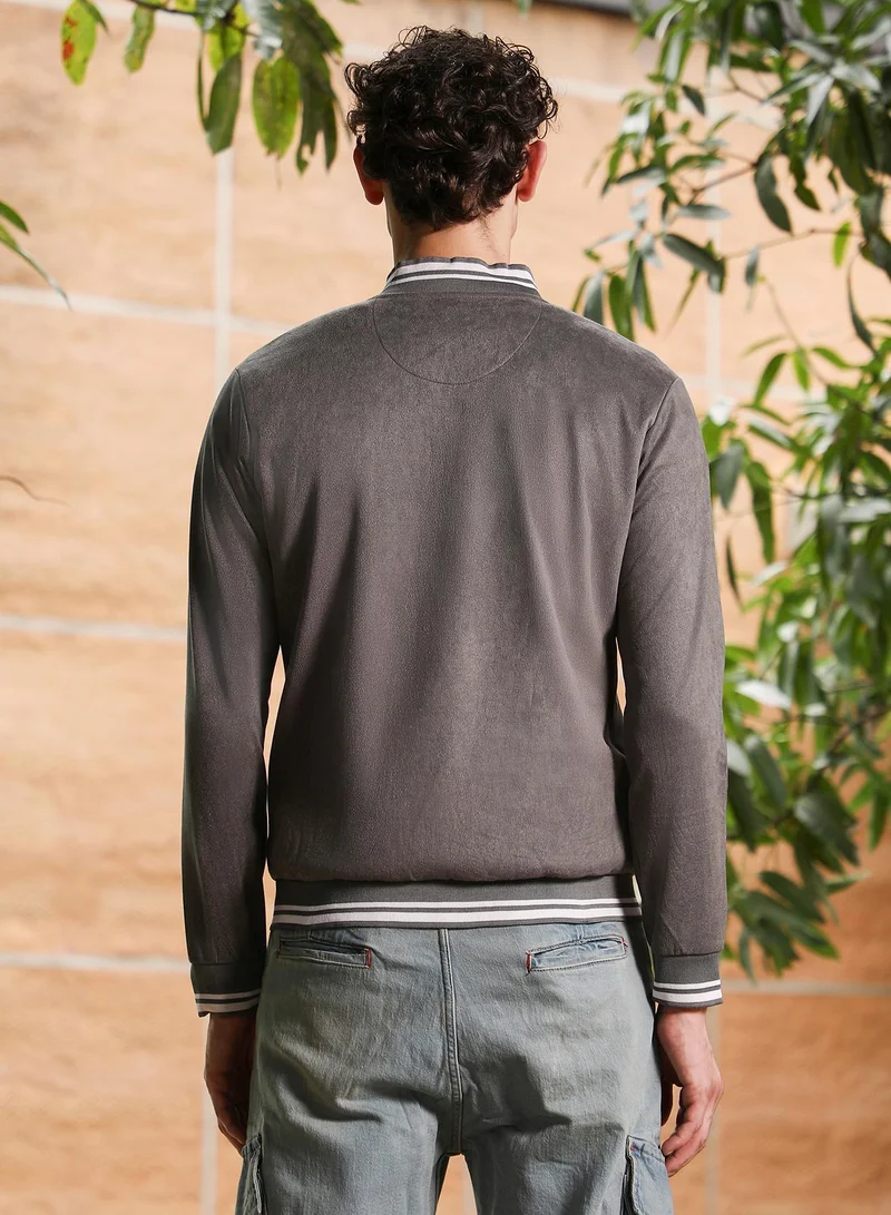 Campus Sutra Campus Sutra Men's Moon Grey Zip-Front Suede Bomber Jacket | Tipping Baseball Collar , Tipping Cuff Sleeves , Zipper Closure , Tipping-Straight Hem | Solid Textured For Casual & Daily Wear