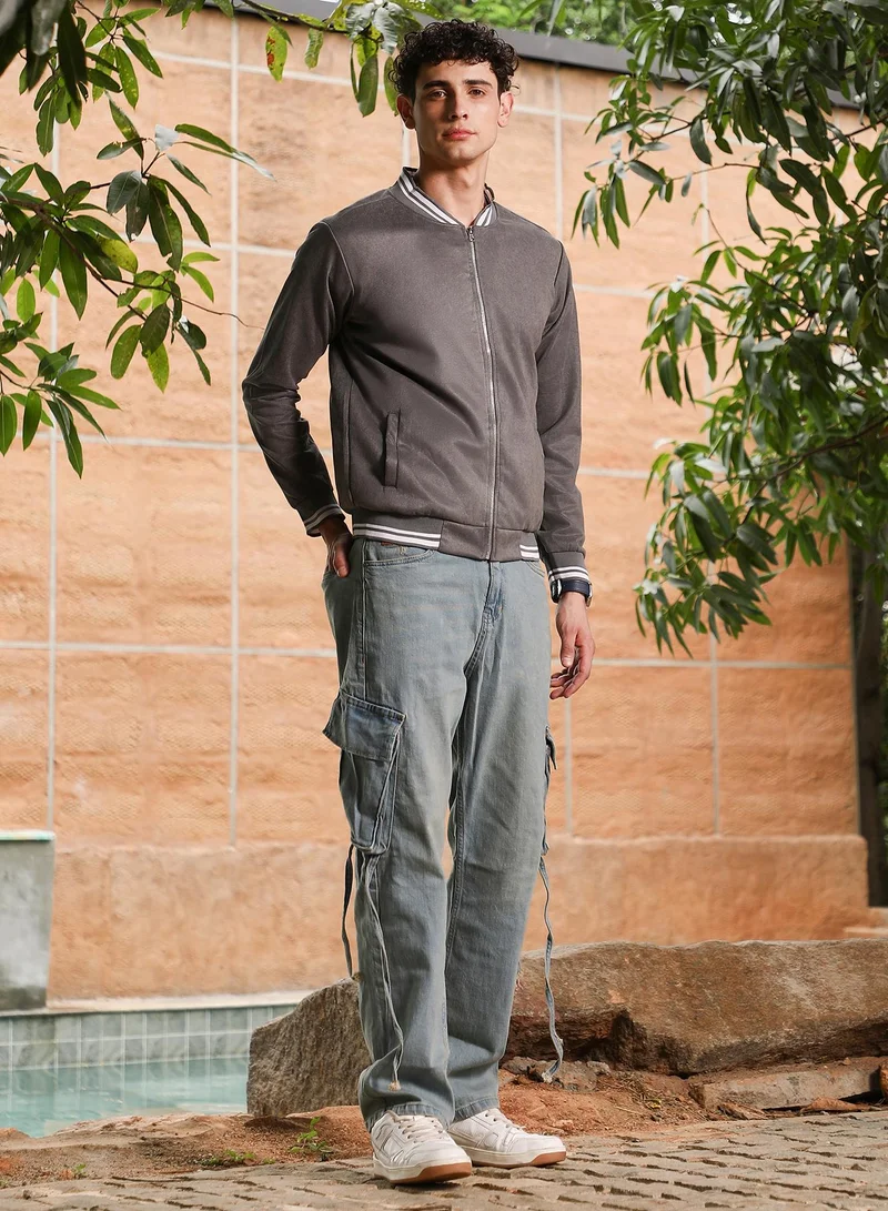 Campus Sutra Campus Sutra Men's Moon Grey Zip-Front Suede Bomber Jacket | Tipping Baseball Collar , Tipping Cuff Sleeves , Zipper Closure , Tipping-Straight Hem | Solid Textured For Casual & Daily Wear