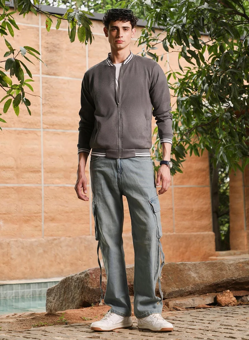Campus Sutra Campus Sutra Men's Moon Grey Zip-Front Suede Bomber Jacket | Tipping Baseball Collar , Tipping Cuff Sleeves , Zipper Closure , Tipping-Straight Hem | Solid Textured For Casual & Daily Wear