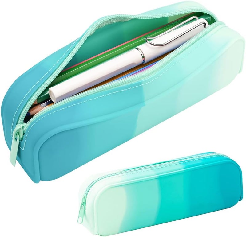 HASTHIP® Green Gradient Silicone School Pencil Case, Stylish Zipper Pouch, Waterproof and Durable Stationery Organizer for Girls, Kids, Office Supplies, Return Gift - Image 1