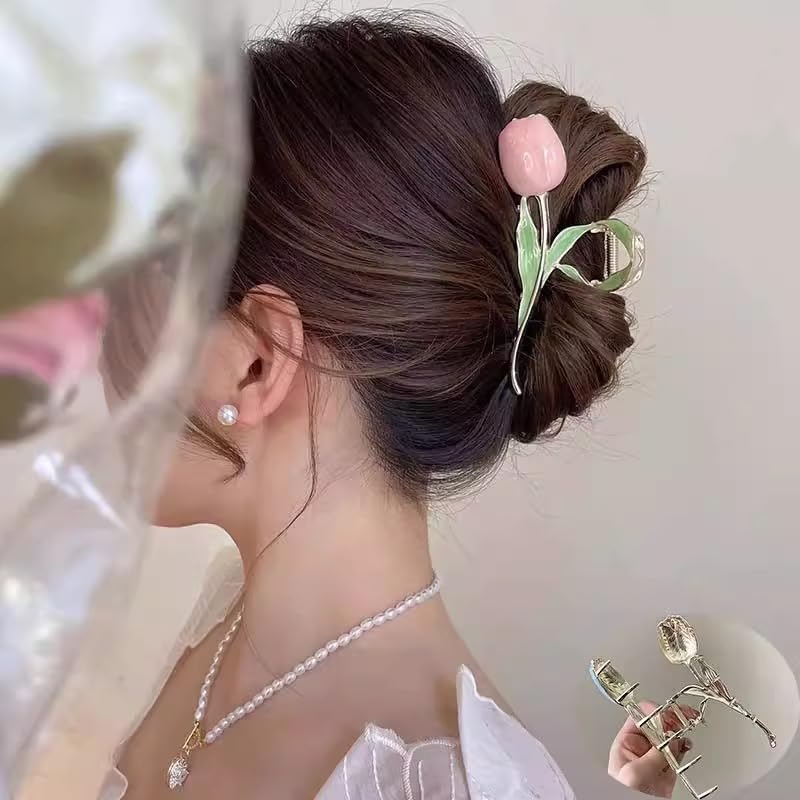 SIMAR ART 2 pcs Pastel Tulip Flower Hair Clips for Women & Girls – Vintage Gold Hair Claw Clips with Enamel Petals & Green Leaf Design – Strong Grip Floral Hair Accessories (random color) - Image 1