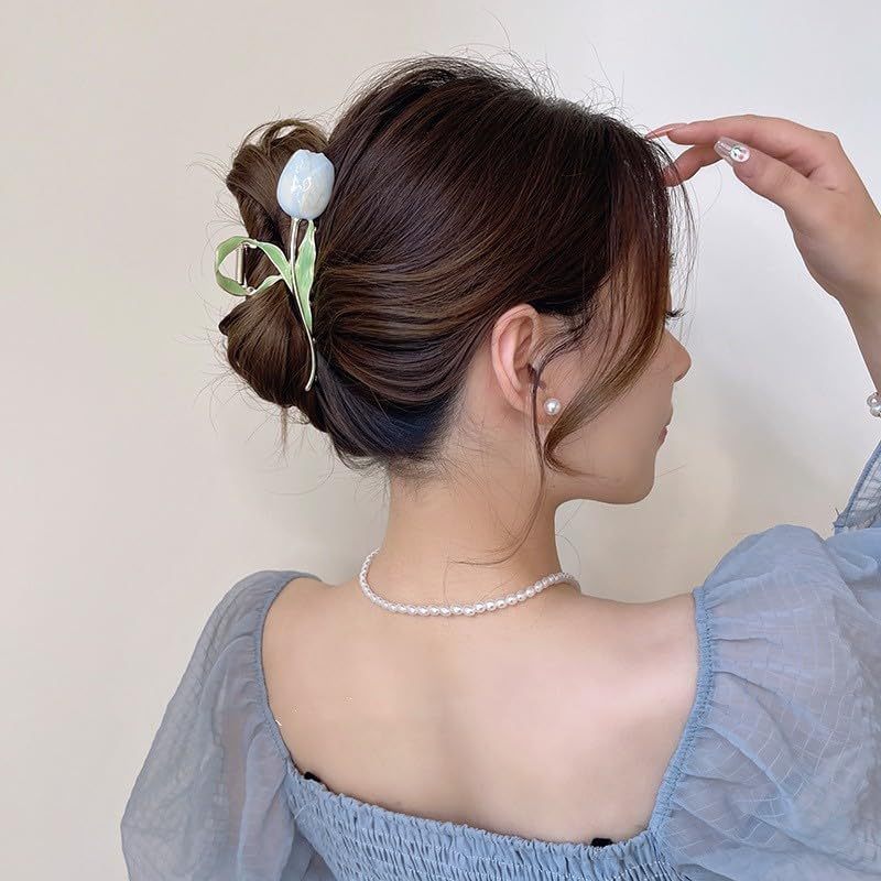 SIMAR ART 2 pcs Pastel Tulip Flower Hair Clips for Women & Girls – Vintage Gold Hair Claw Clips with Enamel Petals & Green Leaf Design – Strong Grip Floral Hair Accessories (random color) - Image 4