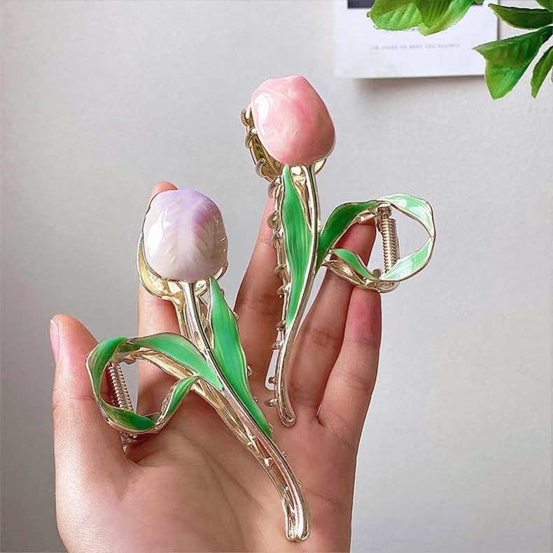 SIMAR ART 2 pcs Pastel Tulip Flower Hair Clips for Women & Girls – Vintage Gold Hair Claw Clips with Enamel Petals & Green Leaf Design – Strong Grip Floral Hair Accessories (random color) - Image 2