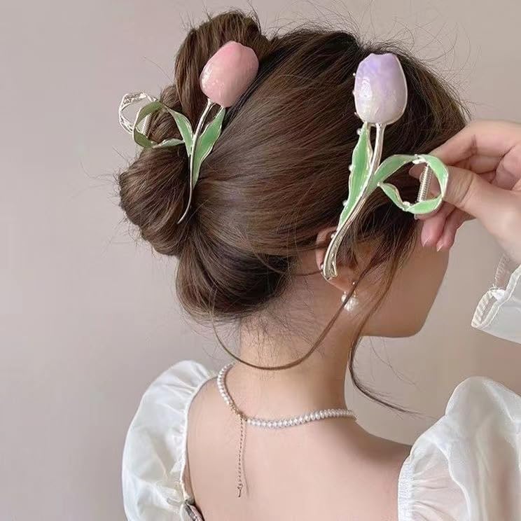 SIMAR ART 2 pcs Pastel Tulip Flower Hair Clips for Women & Girls – Vintage Gold Hair Claw Clips with Enamel Petals & Green Leaf Design – Strong Grip Floral Hair Accessories (random color) - Image 3