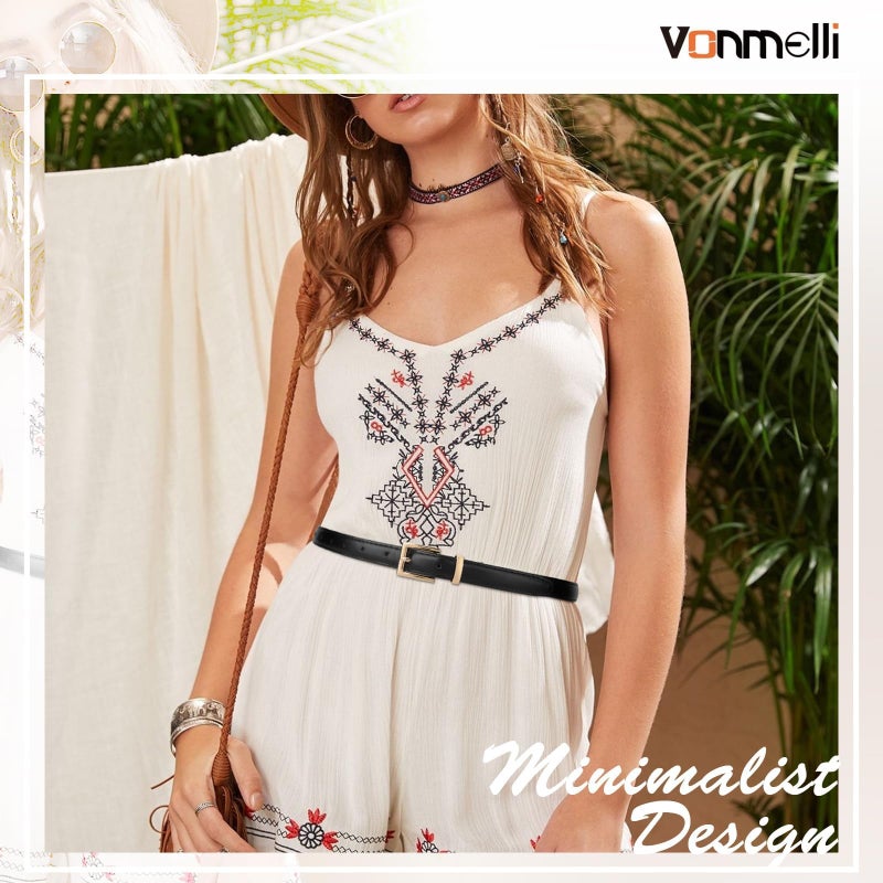 VONMELLI Leather Thin Belt for Women, Black Women's Skinny Belt Ladies Belt for Jeans Dress with Gold Buckle S - Image 3