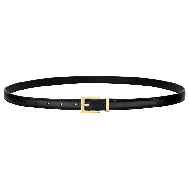 VONMELLI Leather Thin Belt for Women, Black Women's Skinny Belt Ladies Belt for Jeans Dress with Gold Buckle S - Image 1