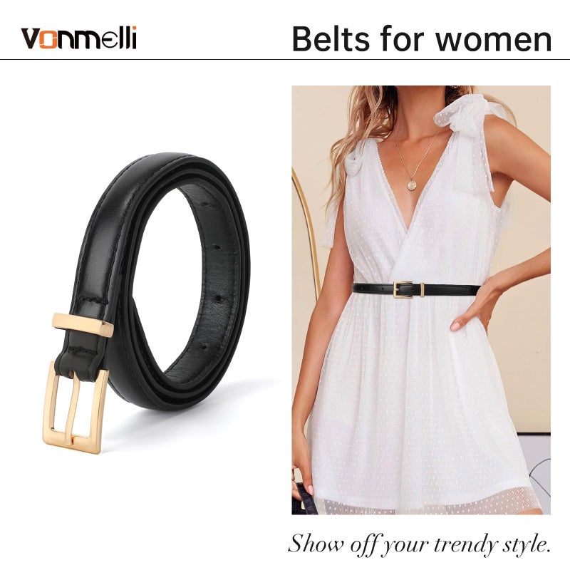 VONMELLI Leather Thin Belt for Women, Black Women's Skinny Belt Ladies Belt for Jeans Dress with Gold Buckle S - Image 2