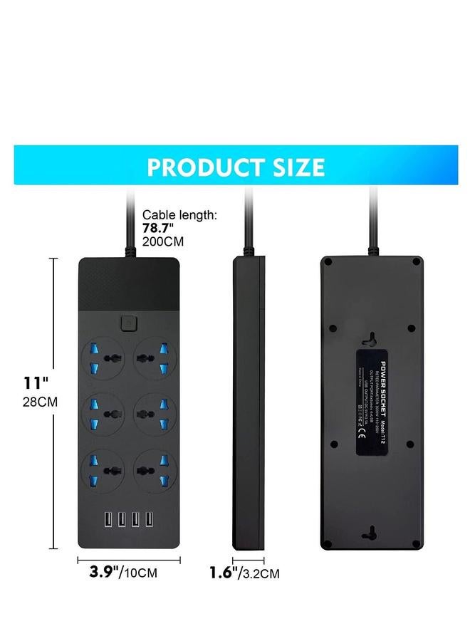 HOMESTAR 2M Power Strip Extension Cord with 6 Universal Sockets and 4 USB Ports for Charging (Black) - Image 4