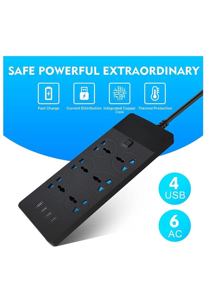 HOMESTAR 2M Power Strip Extension Cord with 6 Universal Sockets and 4 USB Ports for Charging (Black) - Image 2