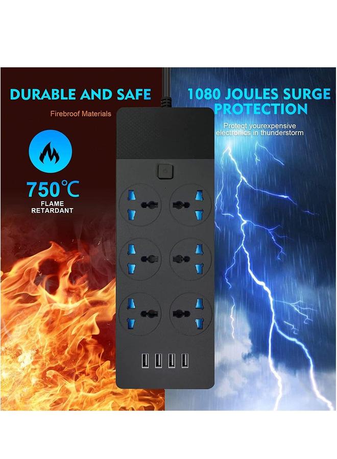 HOMESTAR 2M Power Strip Extension Cord with 6 Universal Sockets and 4 USB Ports for Charging (Black) - Image 5