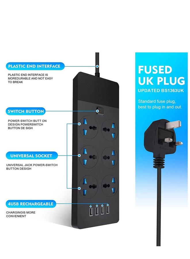 HOMESTAR 2M Power Strip Extension Cord with 6 Universal Sockets and 4 USB Ports for Charging (Black) - Image 3