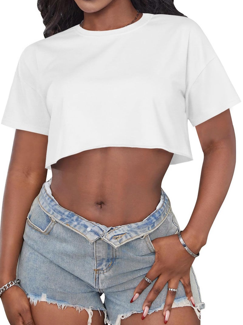 CHICGAL Crop Tops for Women Casual Short Sleeve T Shirts Summer Basic Top Crew Neck Oversized Cropped Tees(White, M) - Image 1