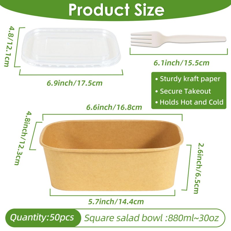 FEHHTO 50-Pack 30oz Meal Prep Containers Disposable Kraft Paper Bowls ã€with Lids and Forksã€‘, Compostable Large Heavy Duty To Go Food Containers, Microwave & Freezer Safe for Hot & Cold Foods - Image 4