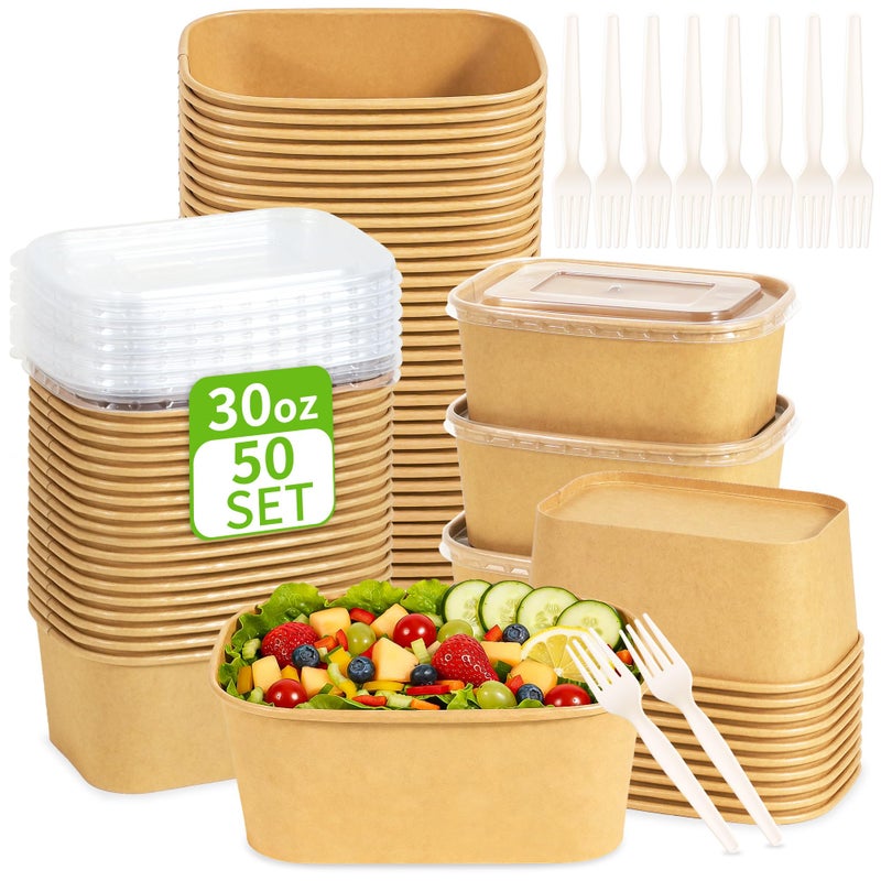 FEHHTO 50-Pack 30oz Meal Prep Containers Disposable Kraft Paper Bowls ã€with Lids and Forksã€‘, Compostable Large Heavy Duty To Go Food Containers, Microwave & Freezer Safe for Hot & Cold Foods - Image 1