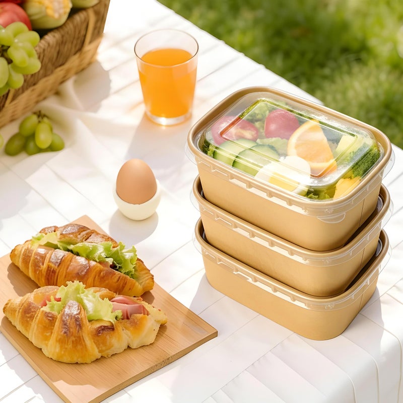 FEHHTO 50-Pack 30oz Meal Prep Containers Disposable Kraft Paper Bowls ã€with Lids and Forksã€‘, Compostable Large Heavy Duty To Go Food Containers, Microwave & Freezer Safe for Hot & Cold Foods - Image 2