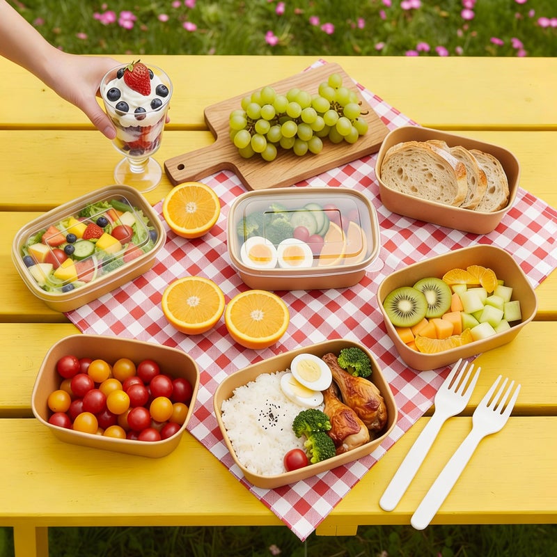 FEHHTO 50-Pack 30oz Meal Prep Containers Disposable Kraft Paper Bowls ã€with Lids and Forksã€‘, Compostable Large Heavy Duty To Go Food Containers, Microwave & Freezer Safe for Hot & Cold Foods - Image 3