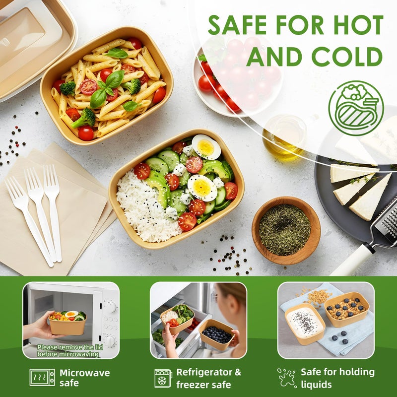 FEHHTO 50-Pack 30oz Meal Prep Containers Disposable Kraft Paper Bowls ã€with Lids and Forksã€‘, Compostable Large Heavy Duty To Go Food Containers, Microwave & Freezer Safe for Hot & Cold Foods - Image 5