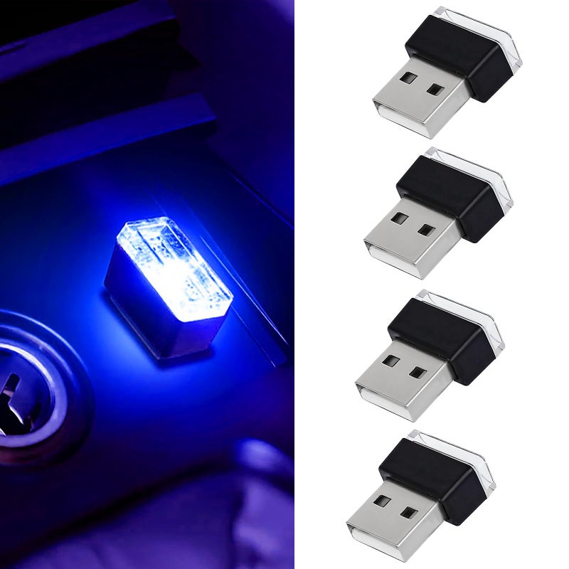 Hbxdeco 4 PCS USB LED Car Interior Atmosphere Lamp, Portable Mini Auto LED Decor Night Light, Plug-in USB Interface Ambient Lighting Kit, Universal Car Interior Accessories(Blue) - Image 1