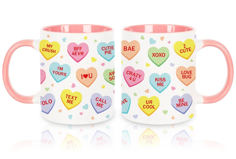 Whaline 2Pcs Valentine Couple Mug Set Conversation Heart Coffee Mugs Colorful Heart Saying Mugs for Anniversary Wedding Engagement Couple Gifts, 12oz - Image 1
