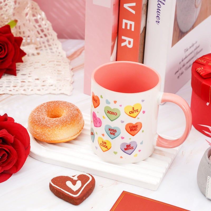 Whaline 2Pcs Valentine Couple Mug Set Conversation Heart Coffee Mugs Colorful Heart Saying Mugs for Anniversary Wedding Engagement Couple Gifts, 12oz - Image 5