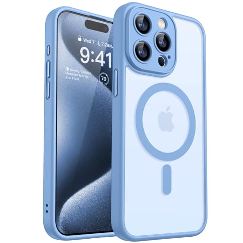 CANSHN Magnetic Compatible with iPhone 15 Pro Max Case Upgraded Full Camera Protection Compatible with Magsafe Translucent Matte Shockproof Protective Phone Case Cover 67 Inch Light Blue - Image 1