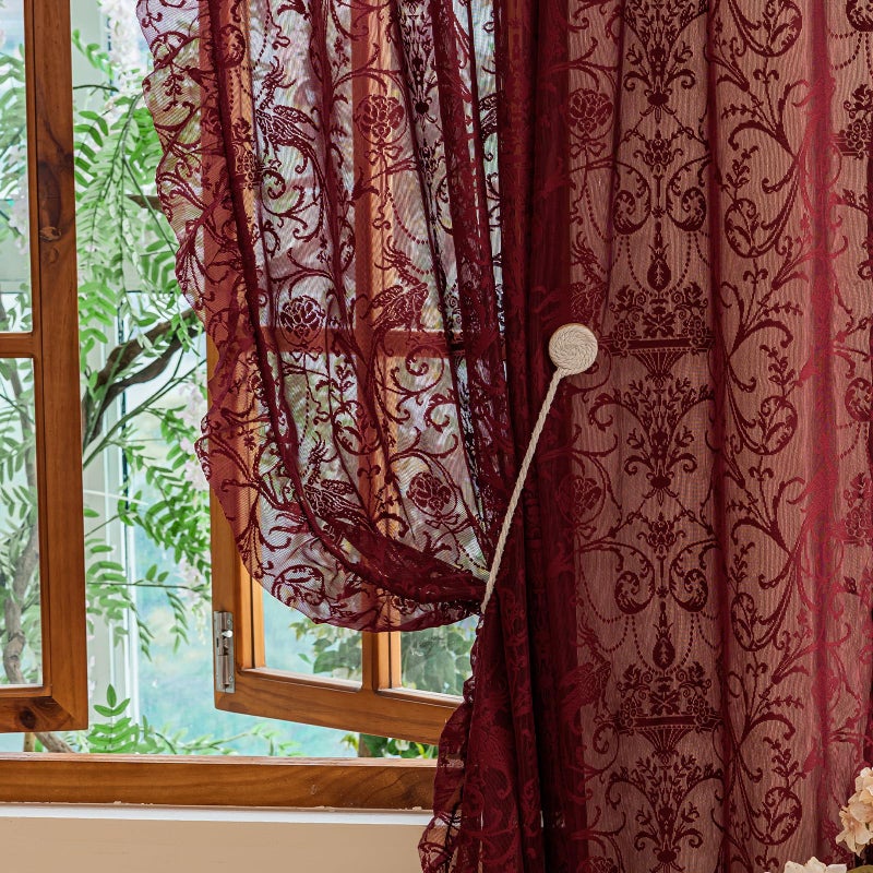 TUDECO Burgundy Lace Curtains 63 Inch Length - Victorian Kintted Sheer Floral Bird Ruffle Curtains for Bedroom, Boho Privacy Dark Red Solid Color Light Filtering Rod Pocket Maroon Decor, 59 x 63 Inch - Image 4