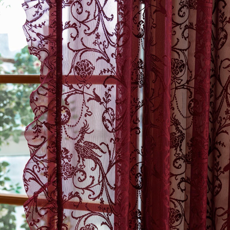 TUDECO Burgundy Lace Curtains 63 Inch Length - Victorian Kintted Sheer Floral Bird Ruffle Curtains for Bedroom, Boho Privacy Dark Red Solid Color Light Filtering Rod Pocket Maroon Decor, 59 x 63 Inch - Image 3