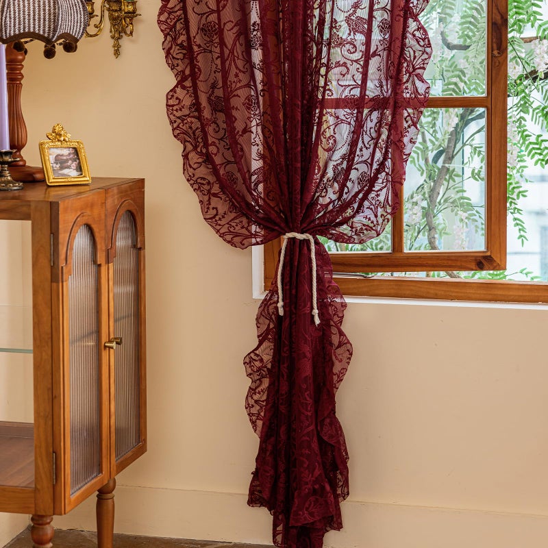 TUDECO Burgundy Lace Curtains 63 Inch Length - Victorian Kintted Sheer Floral Bird Ruffle Curtains for Bedroom, Boho Privacy Dark Red Solid Color Light Filtering Rod Pocket Maroon Decor, 59 x 63 Inch - Image 5