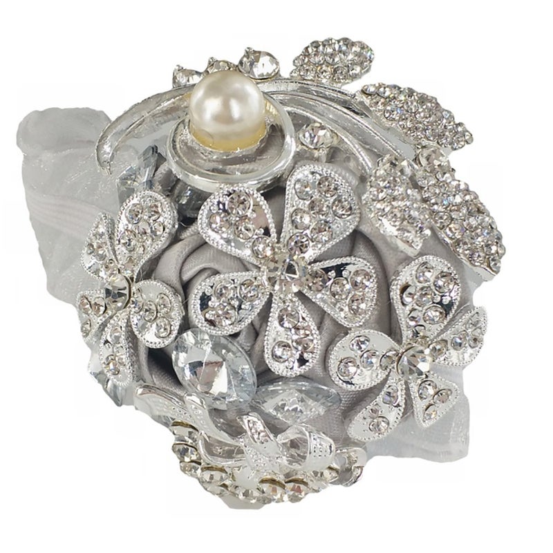 DOTKV Artificial Wrist Silk Flower Boutonniere Wrist Bouquet Corsage Flower with Pearl and Diamond for Wedding Decor Cocktail Party 1pc Silver