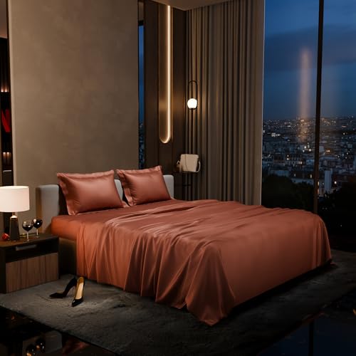 Stoa Paris Satin Bedsheet King Size with 2 Pillow Covers, 300TC Premium Bedsheets King Size, Home Decor, Ultimate Comfort, 274 cm x 228 cm, Date Night - Melted Caramel - Image 1