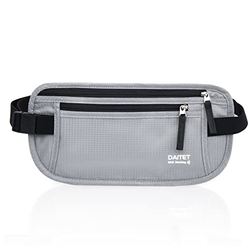 DAITET RFID Blocking Money Belt for Men Women, Slim Fanny Pack for Travel，Running,Conceal Waist Wallet for Passport Holder,Phone,Cash(Light Grey) - Image 1