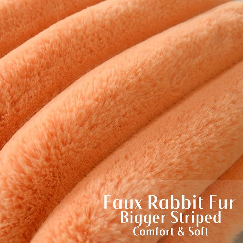 FUTEI Orange Decorative Throw Pillow Covers 18x18 Inch Set of 2, Square Soft Faux Rabbit Fur Big Striped Cushion Cover,Home Decor for Couch Sofa Bed Living Room - Image 2