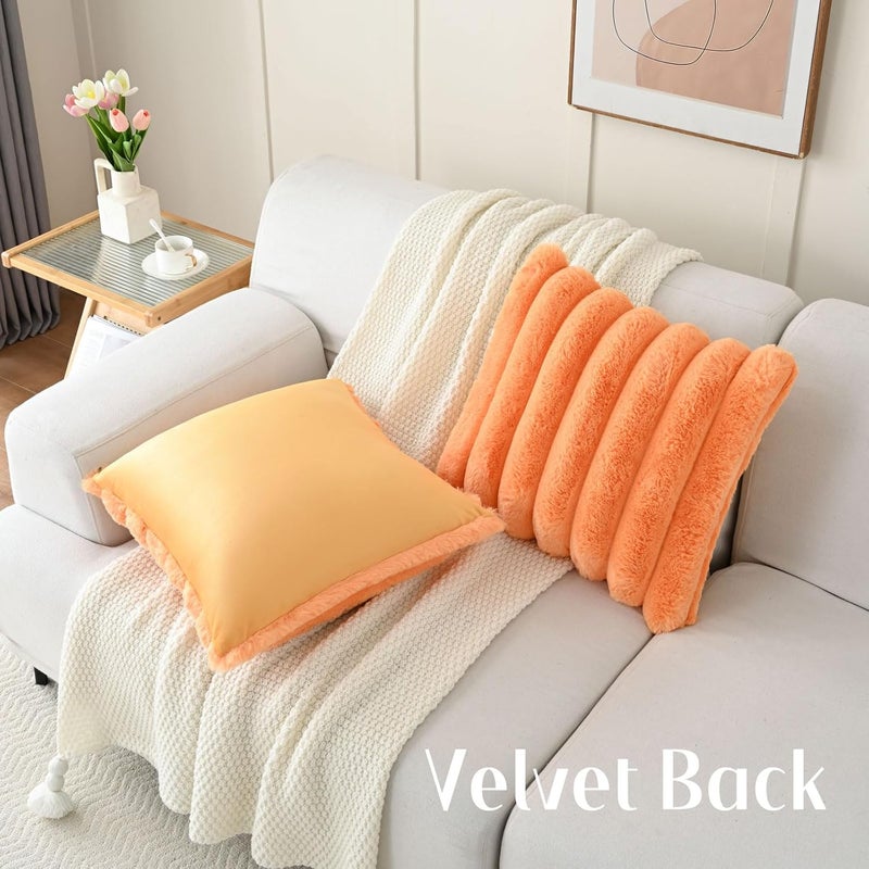 FUTEI Orange Decorative Throw Pillow Covers 18x18 Inch Set of 2, Square Soft Faux Rabbit Fur Big Striped Cushion Cover,Home Decor for Couch Sofa Bed Living Room - Image 4