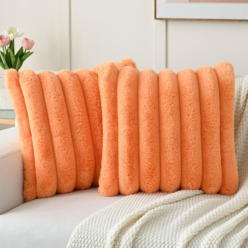FUTEI Orange Decorative Throw Pillow Covers 18x18 Inch Set of 2, Square Soft Faux Rabbit Fur Big Striped Cushion Cover,Home Decor for Couch Sofa Bed Living Room - Image 1