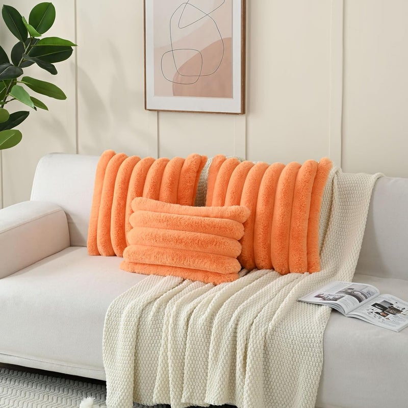 FUTEI Orange Decorative Throw Pillow Covers 18x18 Inch Set of 2, Square Soft Faux Rabbit Fur Big Striped Cushion Cover,Home Decor for Couch Sofa Bed Living Room - Image 5