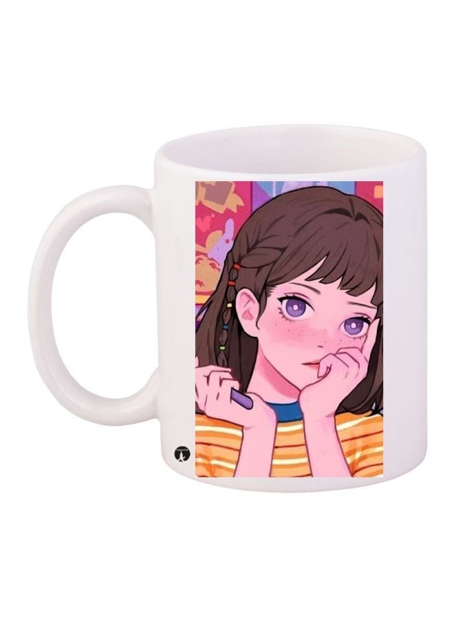 RYN Cartoon Printed Coffee Mug White/Pink/Brown 11ounce