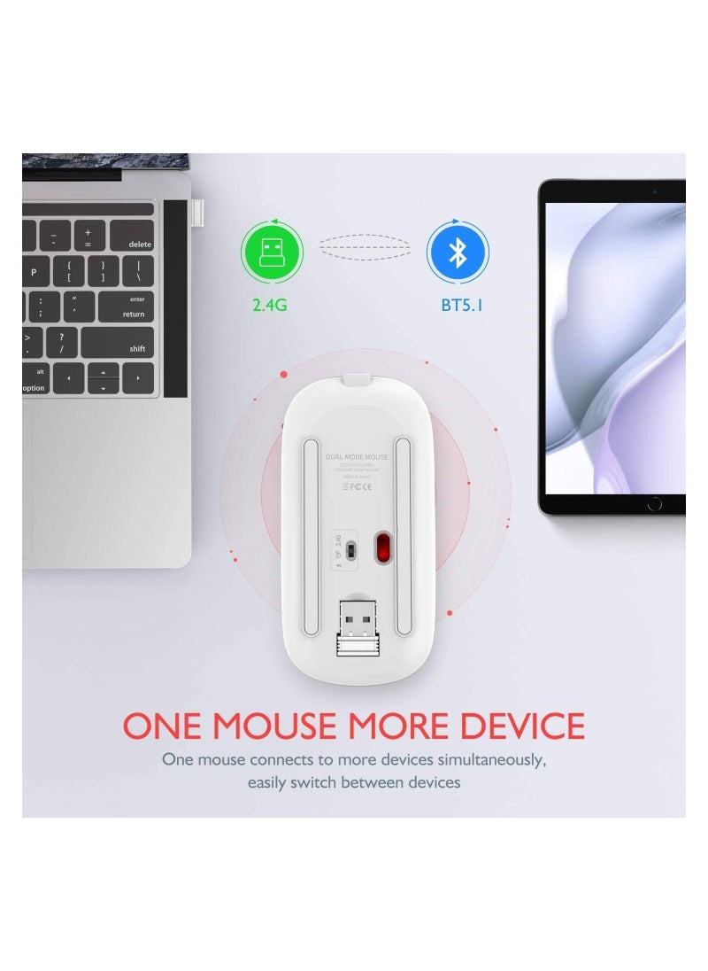 Rechargeable Wireless LED Mouse, Slim Silent Design, 2.4G Portable Optical Mouse with USB & Type-C Receiver, 3 Adjustable DPI for Laptop, PC, Notebook, Desktop (White)